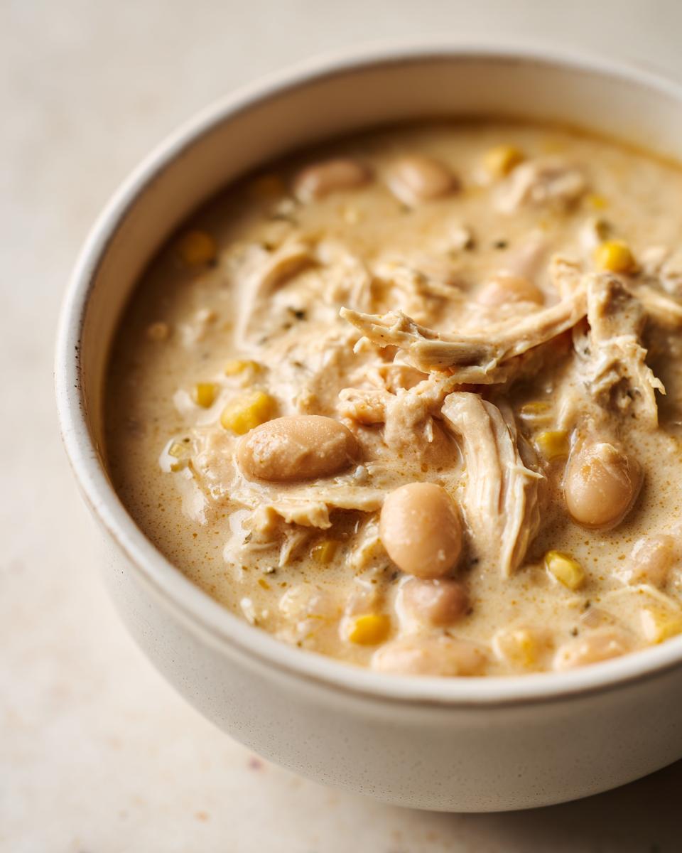 A close-up view of a bowl filled with rich, creamy white chicken chili featuring shredded chicken, cannellini beans, and corn.