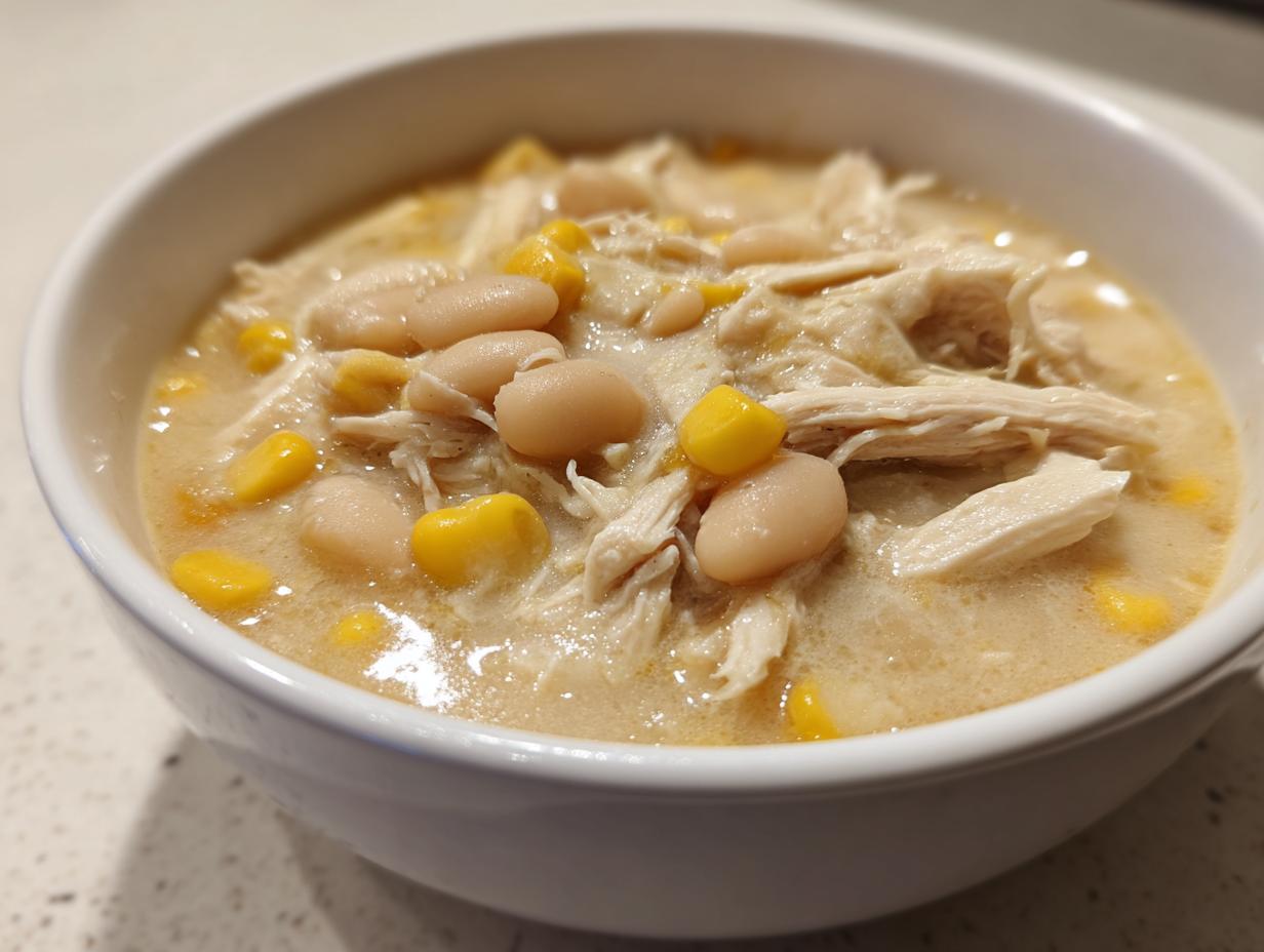 Close-up of a white bowl filled with creamy white chicken chili, featuring shredded chicken, white beans, and yellow corn kernels.