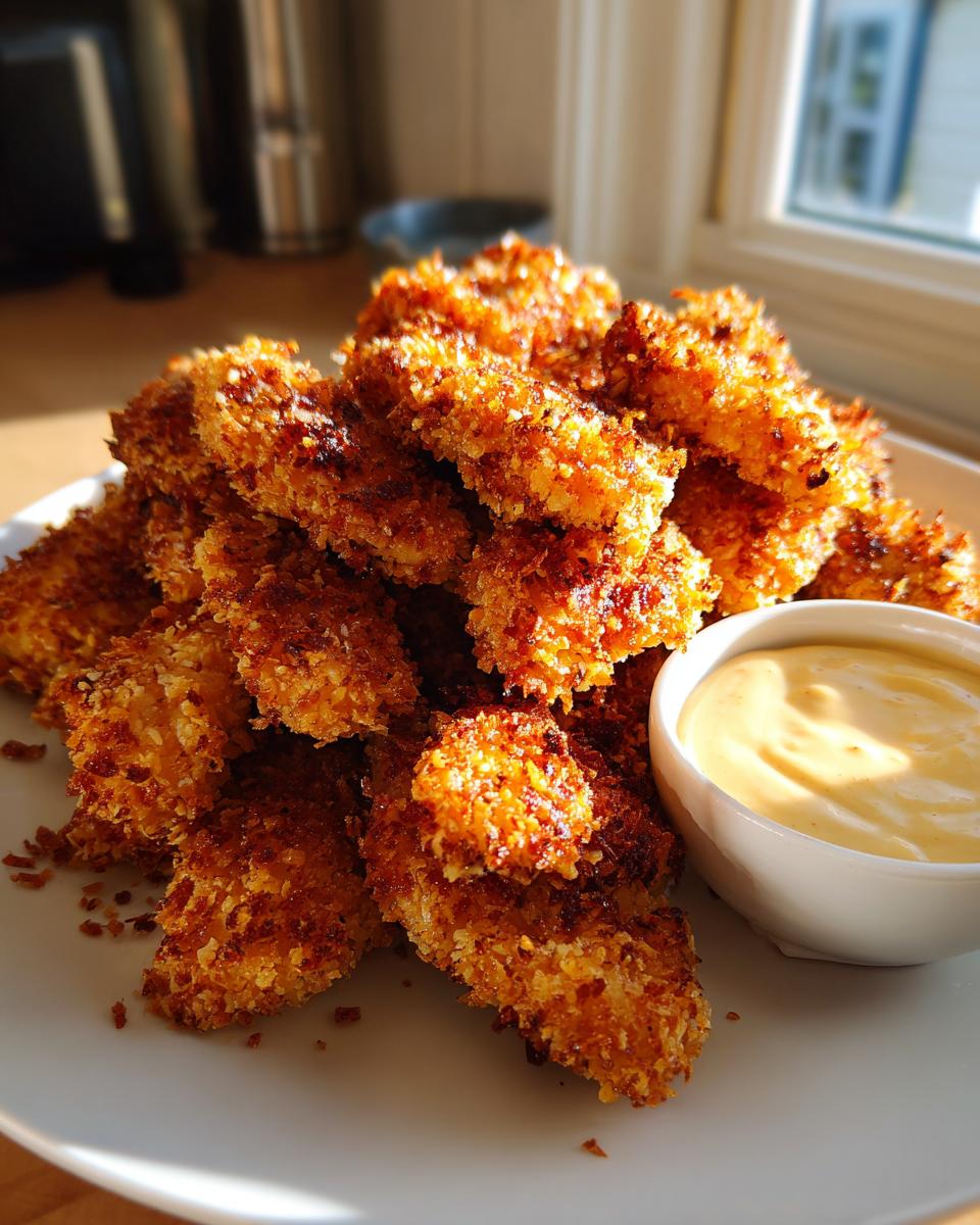 A pile of golden brown, crispy coconut chicken pieces served with a small bowl of creamy dipping sauce.