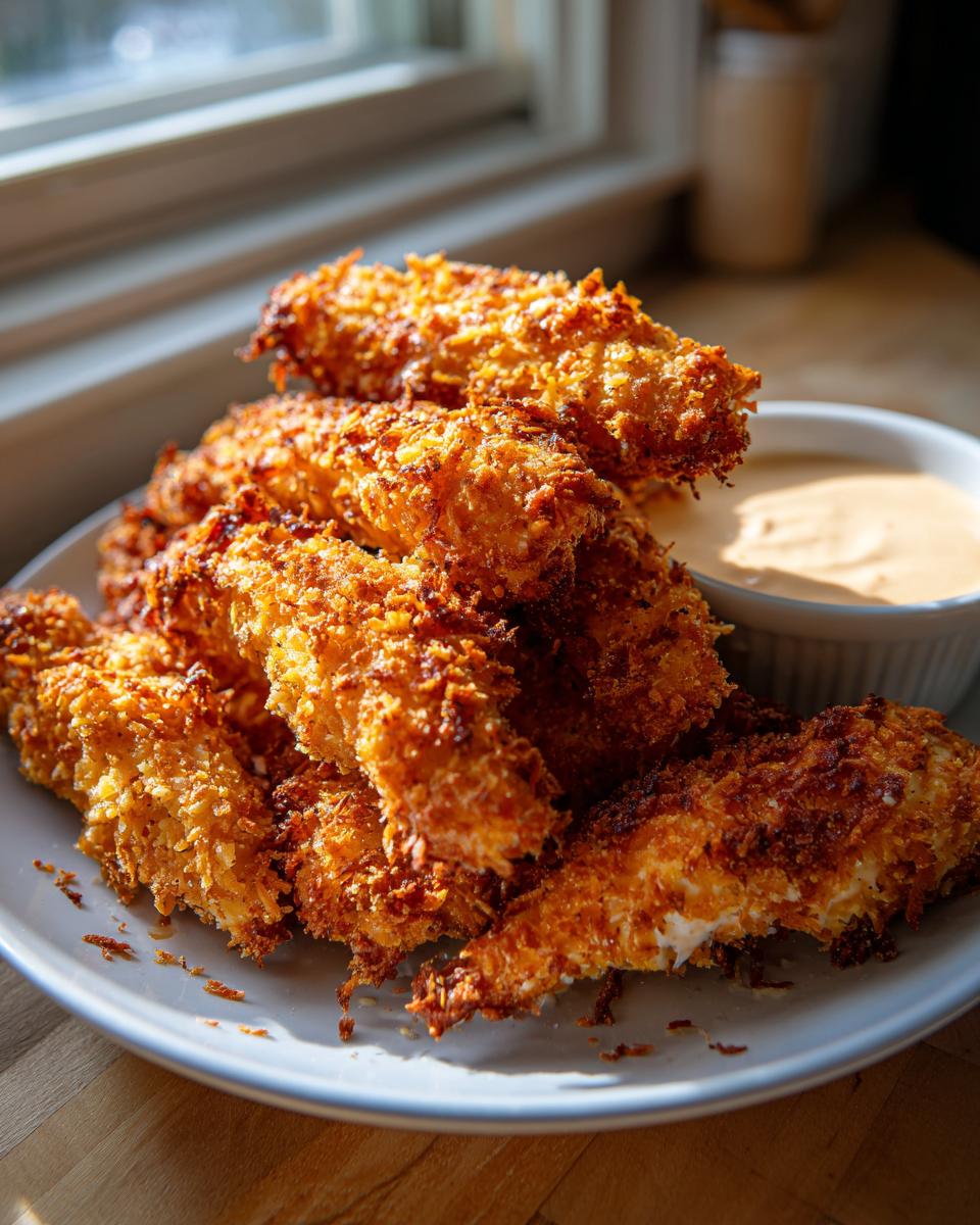 A plate piled high with golden brown, crispy coconut chicken tenders served next to a small bowl of dipping sauce.
