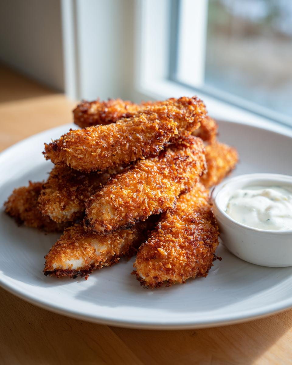 A stack of golden brown, crispy coconut chicken tenders served with a side of creamy dipping sauce.
