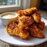 A pile of golden brown, crispy coconut chicken tenders served on a white plate with a side of creamy dipping sauce.