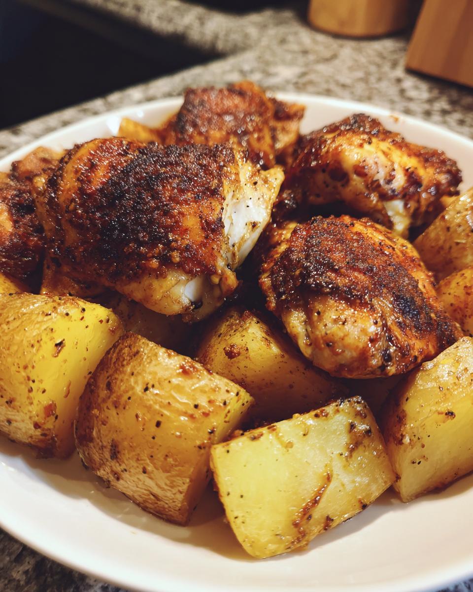 A close-up of crispy, seasoned chicken thighs served with roasted potatoes, highlighting the garlic parmesan chicken and potatoes dish.