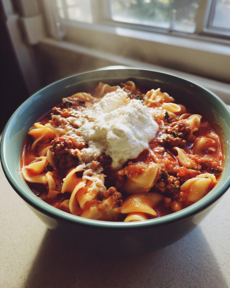 A steaming bowl of crockpot lasagna soup featuring pasta, meat sauce, and a dollop of ricotta cheese.