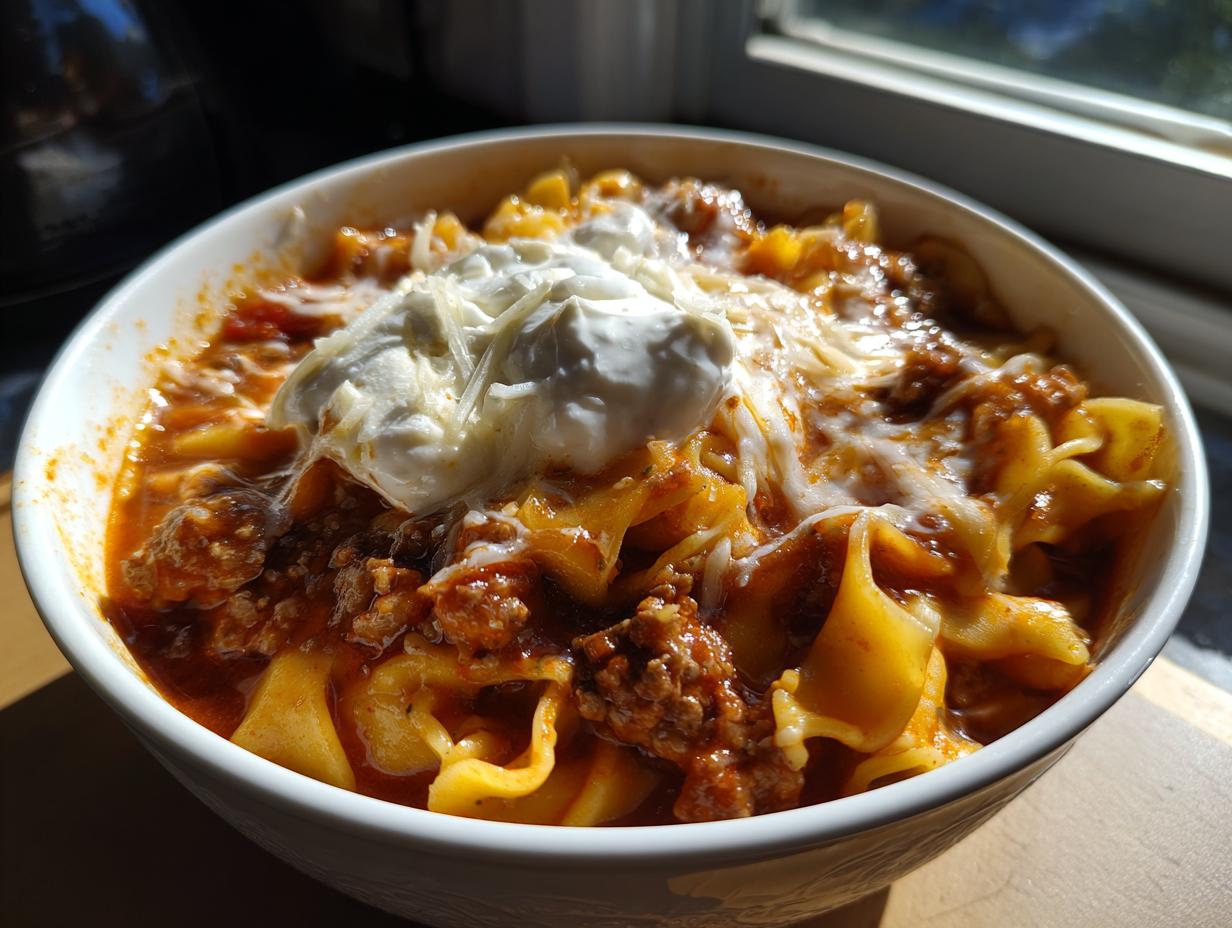 A close-up of a white bowl filled with rich crockpot lasagna soup, topped with melted cheese and a dollop of ricotta.