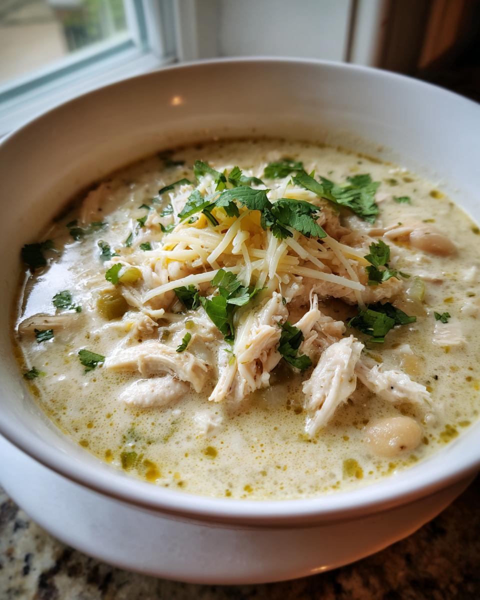 A close-up of a bowl of creamy crockpot white chicken chili topped with shredded cheese and fresh cilantro.