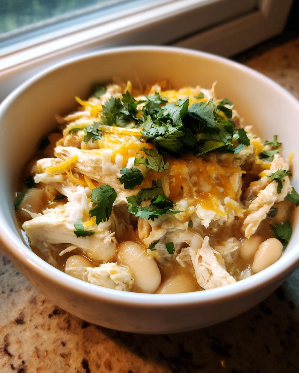A close-up of a white bowl filled with crockpot white chicken chili, topped with shredded cheese and fresh cilantro.