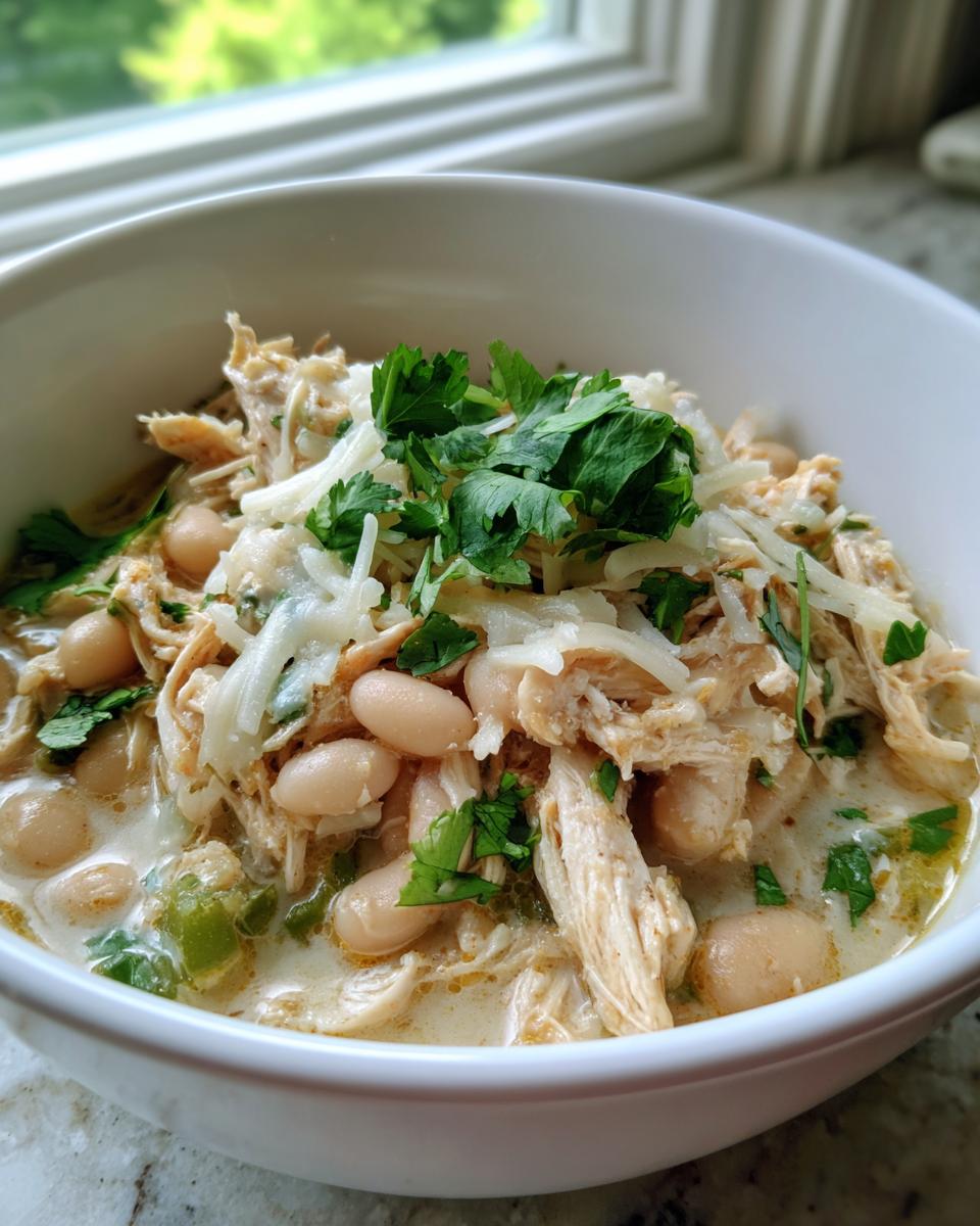 A close-up of a white bowl filled with creamy crockpot white chicken chili, topped with shredded cheese, white beans, and fresh parsley.