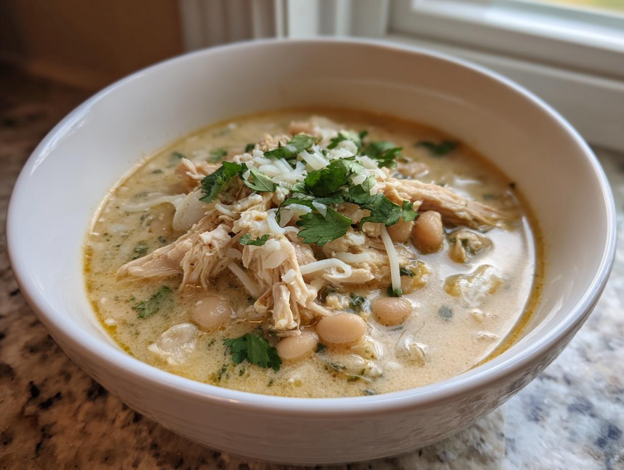 A close-up of a white bowl filled with creamy crockpot white chicken chili, topped with shredded chicken, cheese, and cilantro.