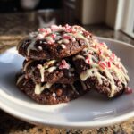 A stack of four rich, dark double chocolate peppermint cookies topped with white chocolate drizzle and crushed candy canes.