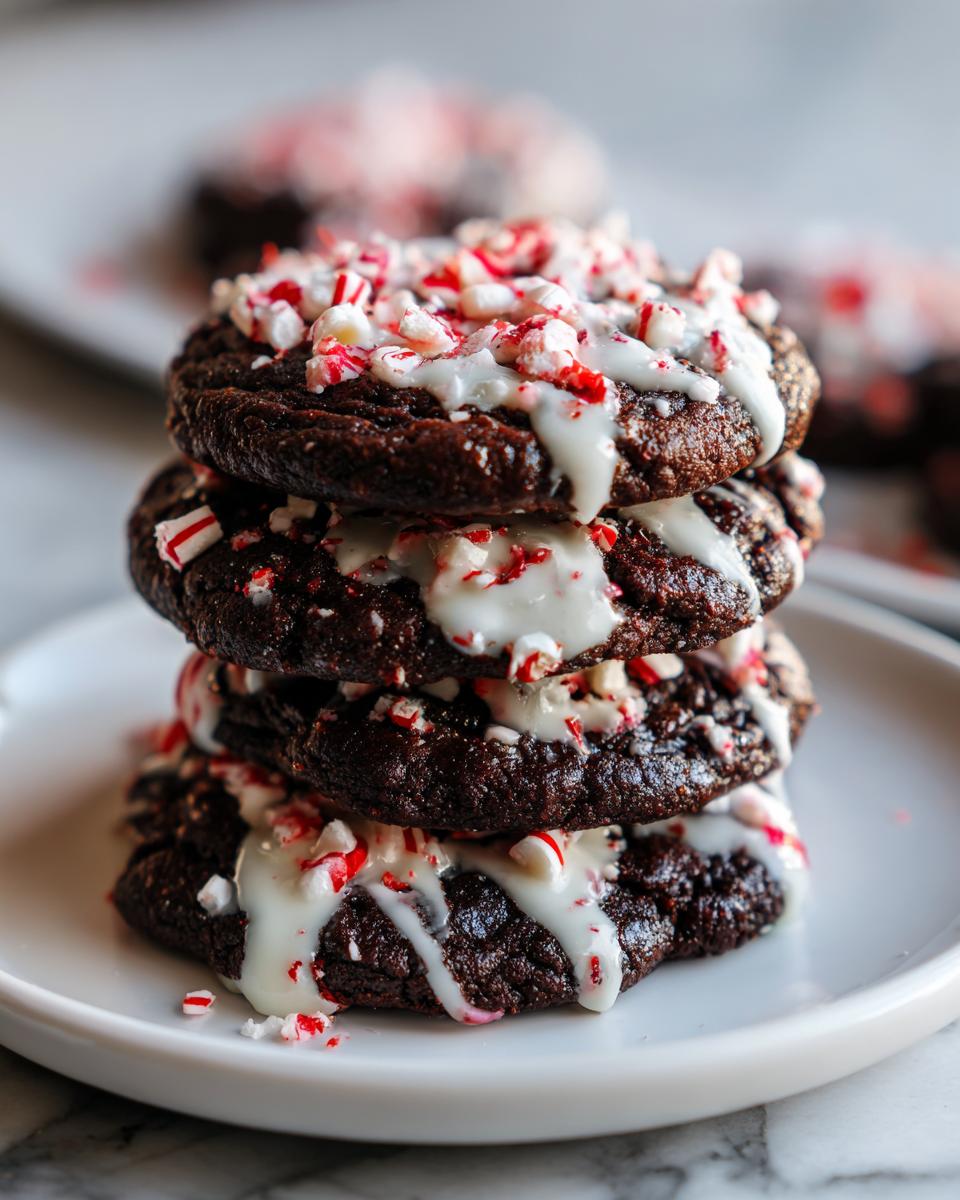 A stack of three rich, dark double chocolate peppermint cookies drizzled with white icing and crushed candy canes.