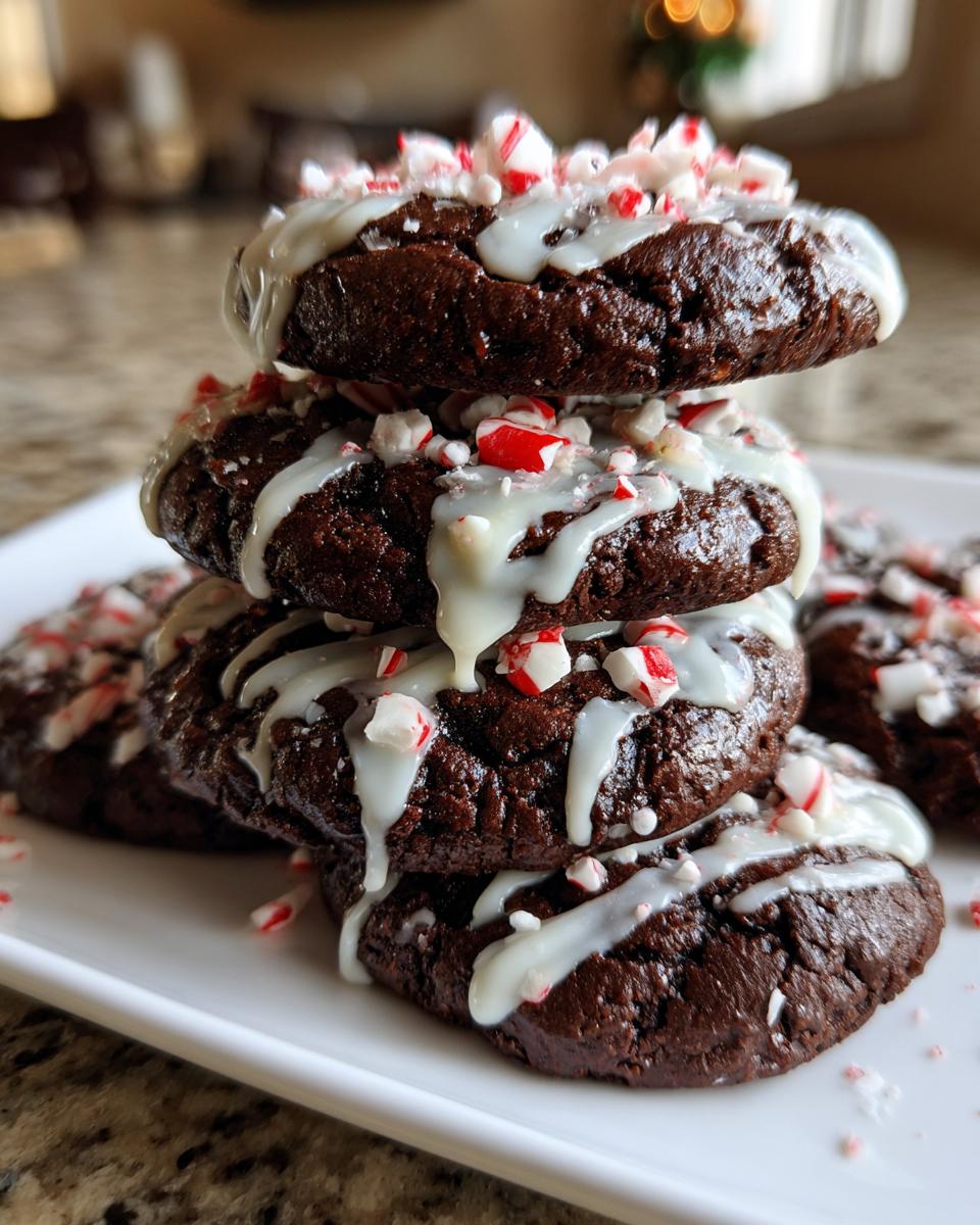 A stack of rich, dark double chocolate peppermint cookies drizzled with white icing and crushed candy canes.
