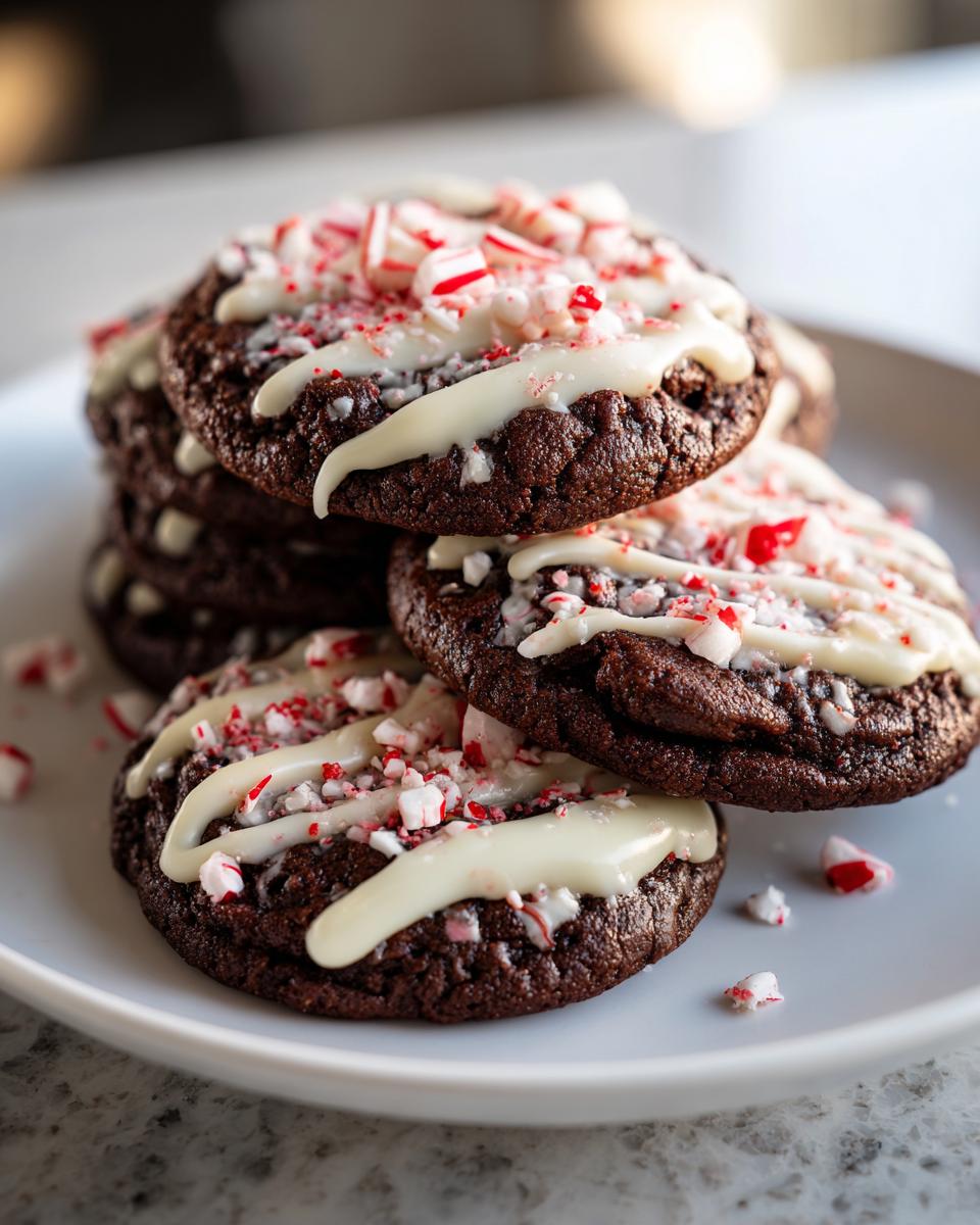 A stack of rich, dark double chocolate peppermint cookies drizzled with white icing and crushed candy canes.