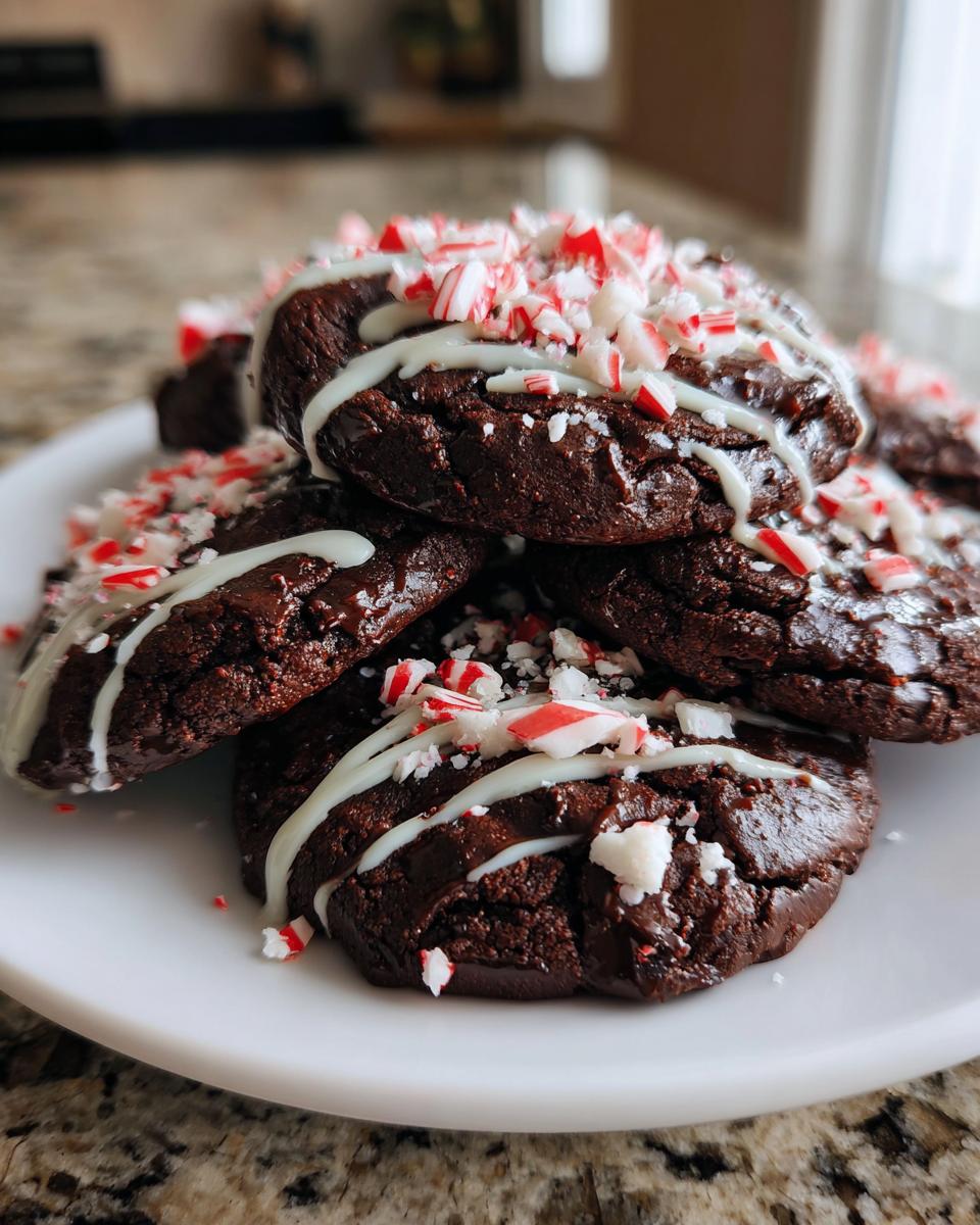 A stack of rich, fudgy double chocolate peppermint cookies drizzled with white icing and topped with crushed candy canes.