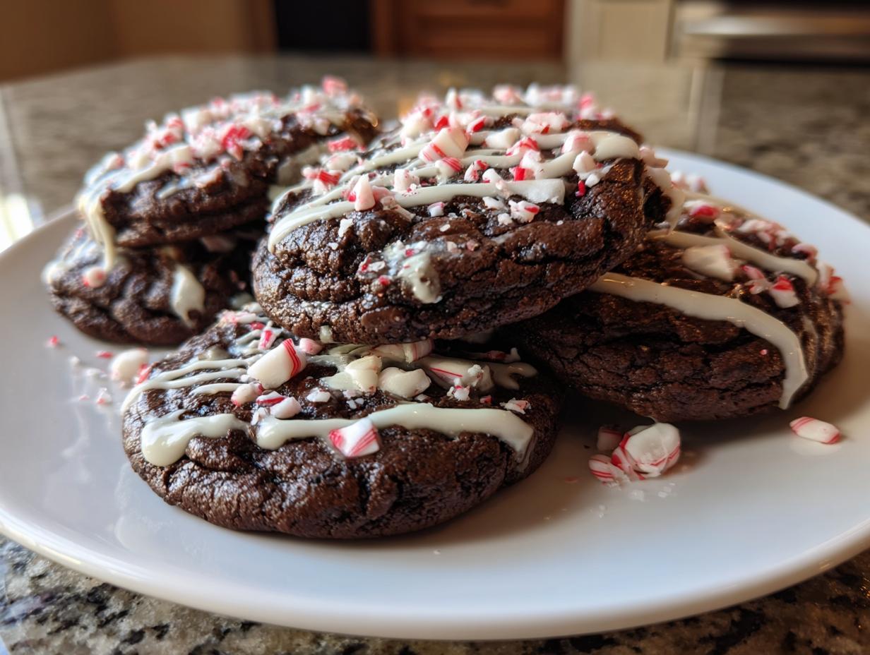 A stack of rich double chocolate peppermint cookies drizzled with white icing and topped with crushed candy canes.