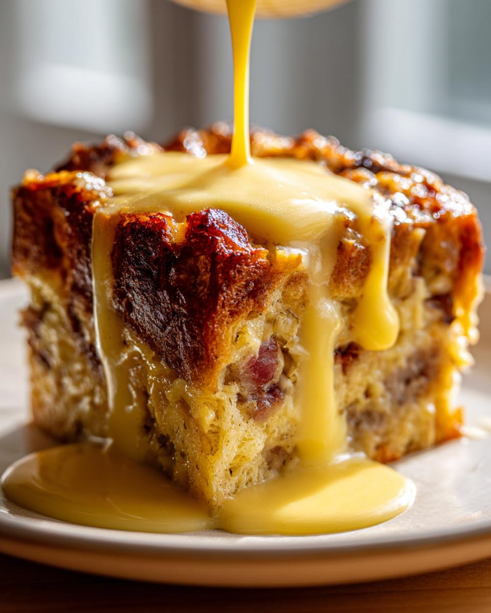 Close-up of a square slice of eggs benedict casserole being drizzled with rich, yellow hollandaise sauce.