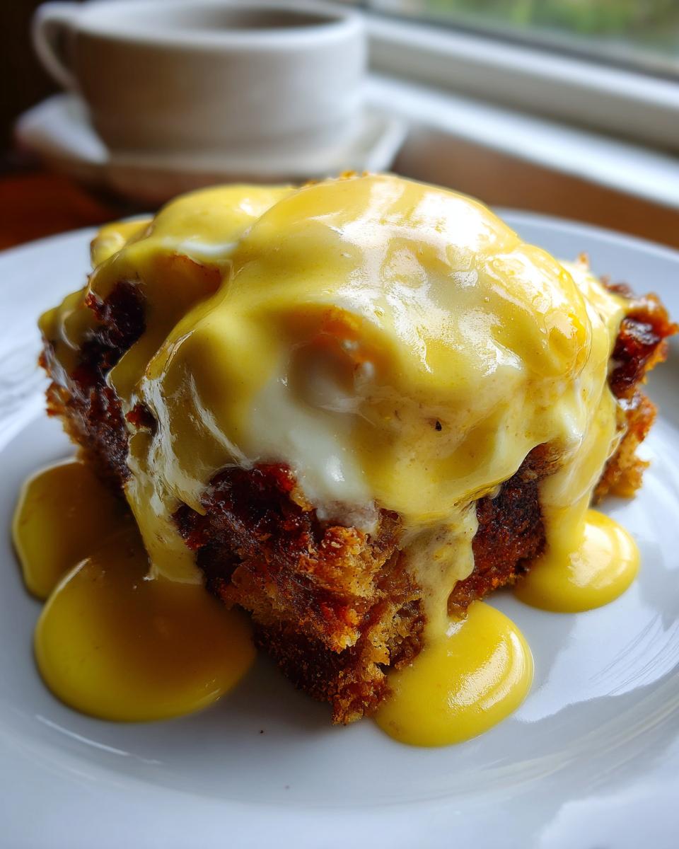 A close-up of a square serving of eggs benedict casserole smothered in rich, yellow hollandaise sauce.