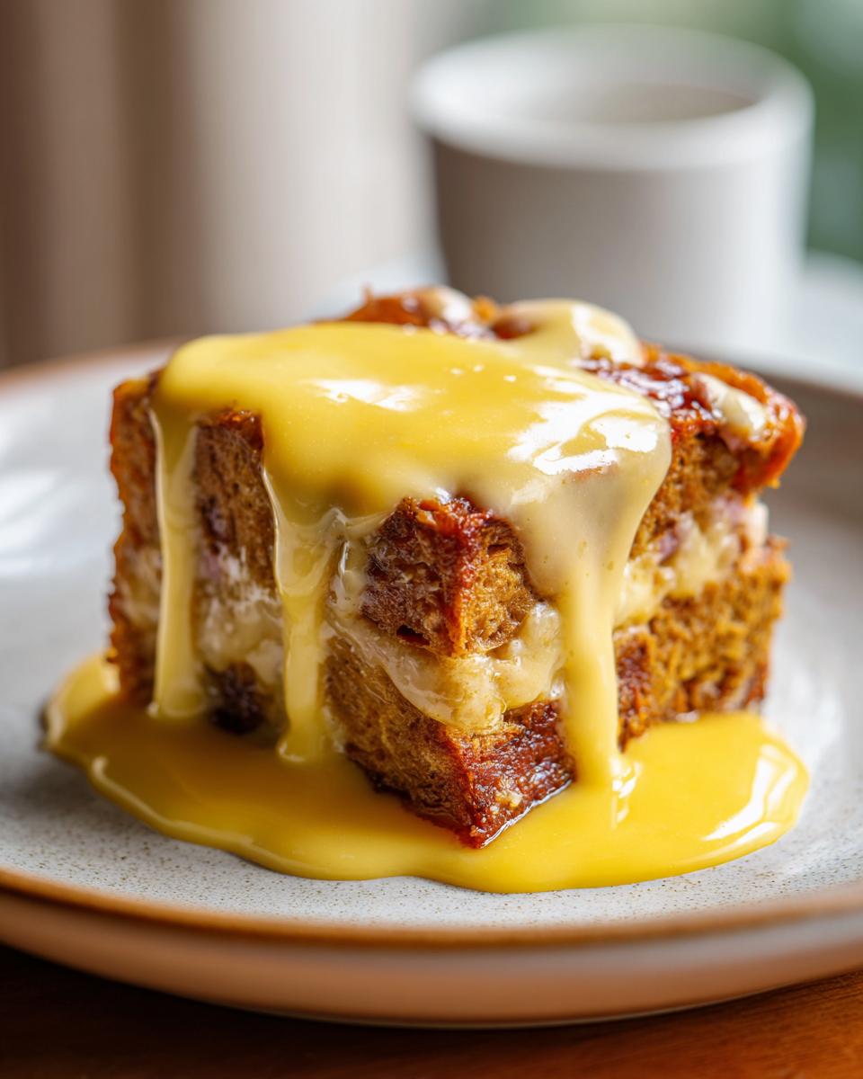Close-up of a square slice of eggs benedict casserole topped generously with bright yellow hollandaise sauce.