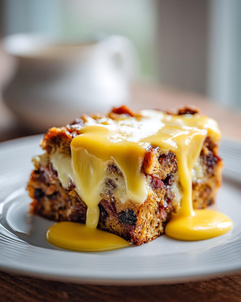 A square serving of eggs benedict casserole topped with rich, yellow hollandaise sauce dripping down the sides.