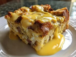 Close-up of a square slice of eggs benedict casserole topped with rich, dripping hollandaise sauce.