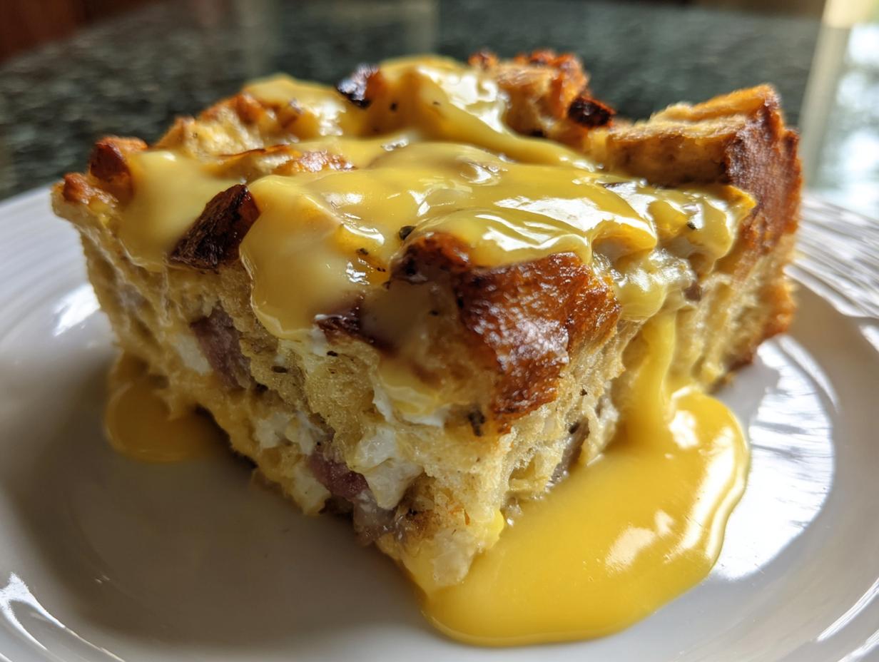 Close-up of a square slice of eggs benedict casserole topped with rich, dripping hollandaise sauce.