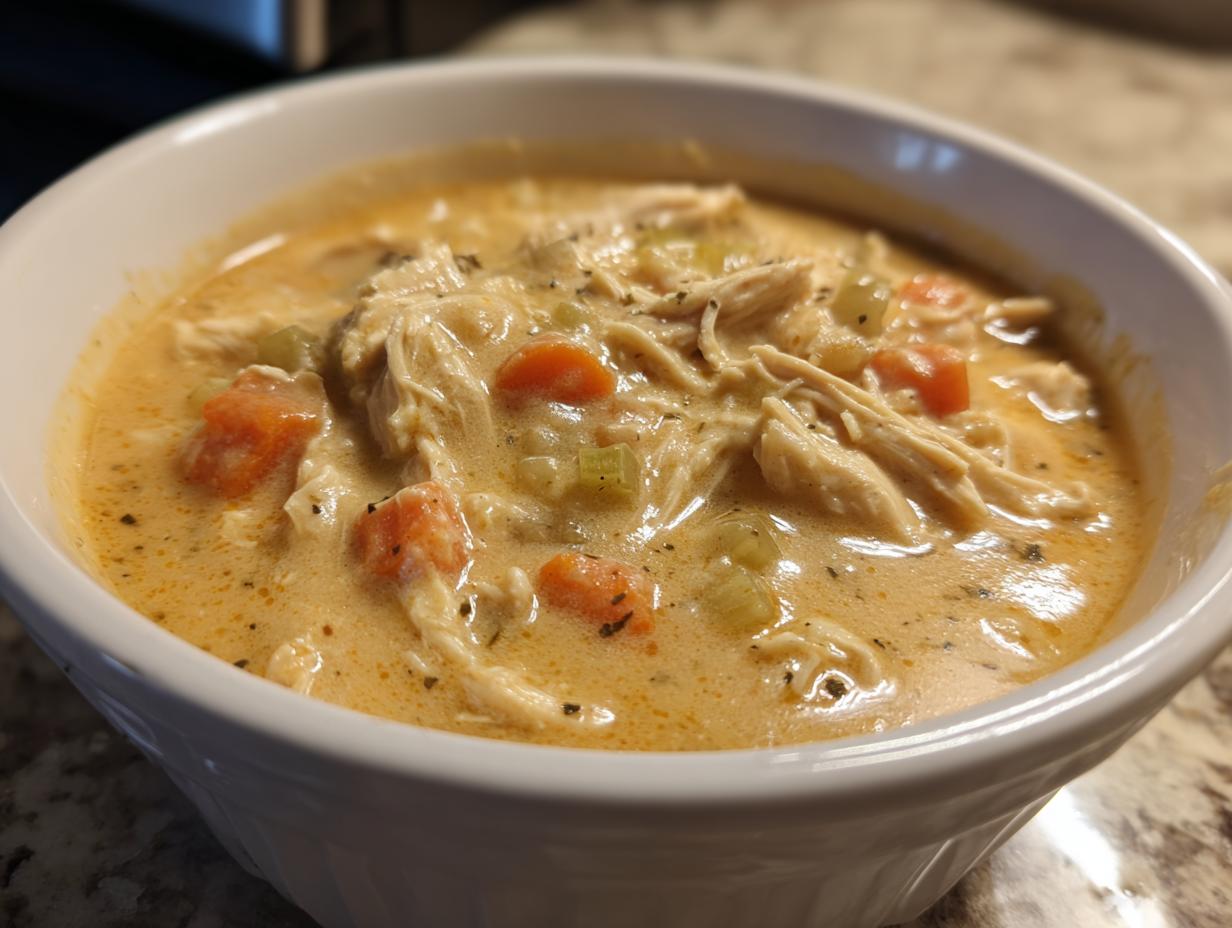 Close-up of a hearty bowl of homemade cream of chicken soup, loaded with shredded chicken and vegetables.