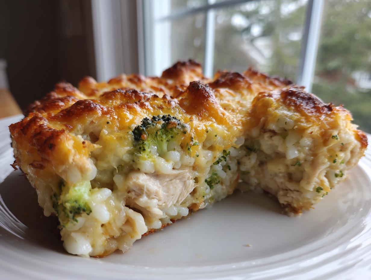 Close-up of a hearty slice of chicken and broccoli rice casserole with a bubbly, golden-brown cheese topping.