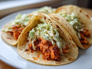 Three delicious salmon tacos filled with seasoned salmon and creamy coleslaw on soft tortillas.