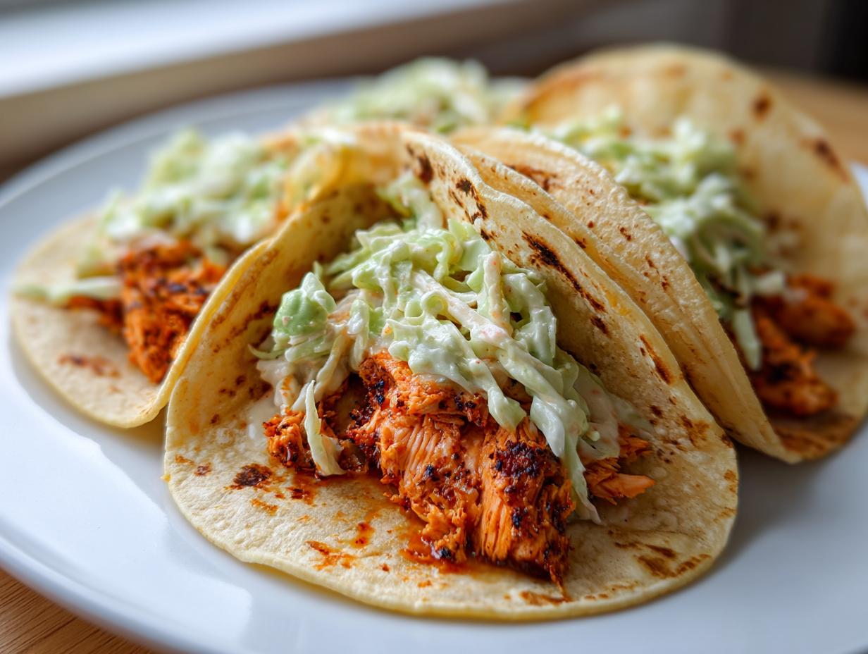 Three delicious salmon tacos filled with seasoned salmon and creamy coleslaw on soft tortillas.