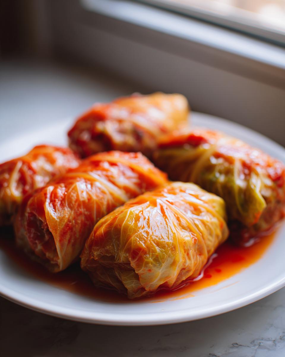 A close-up of five savory cabbage rolls simmered in a bright red tomato sauce, served on a white plate.
