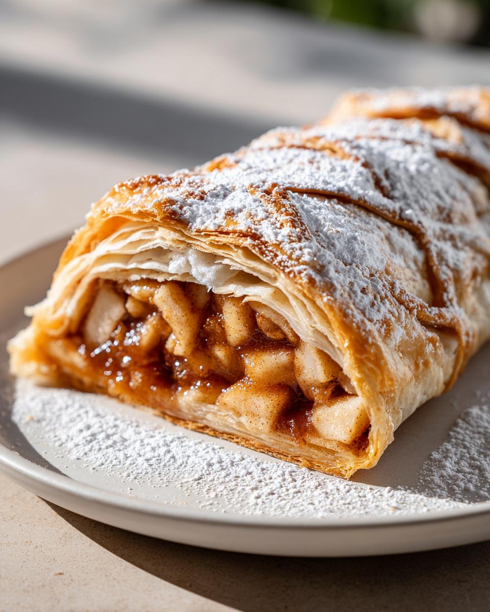A cross-section of a golden, flaky apple strudel generously dusted with powdered sugar, showing the spiced apple filling.