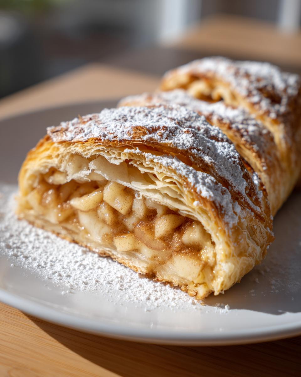 Close-up of a freshly baked apple strudel slice showing flaky pastry and cinnamon apple filling, dusted with powdered sugar.