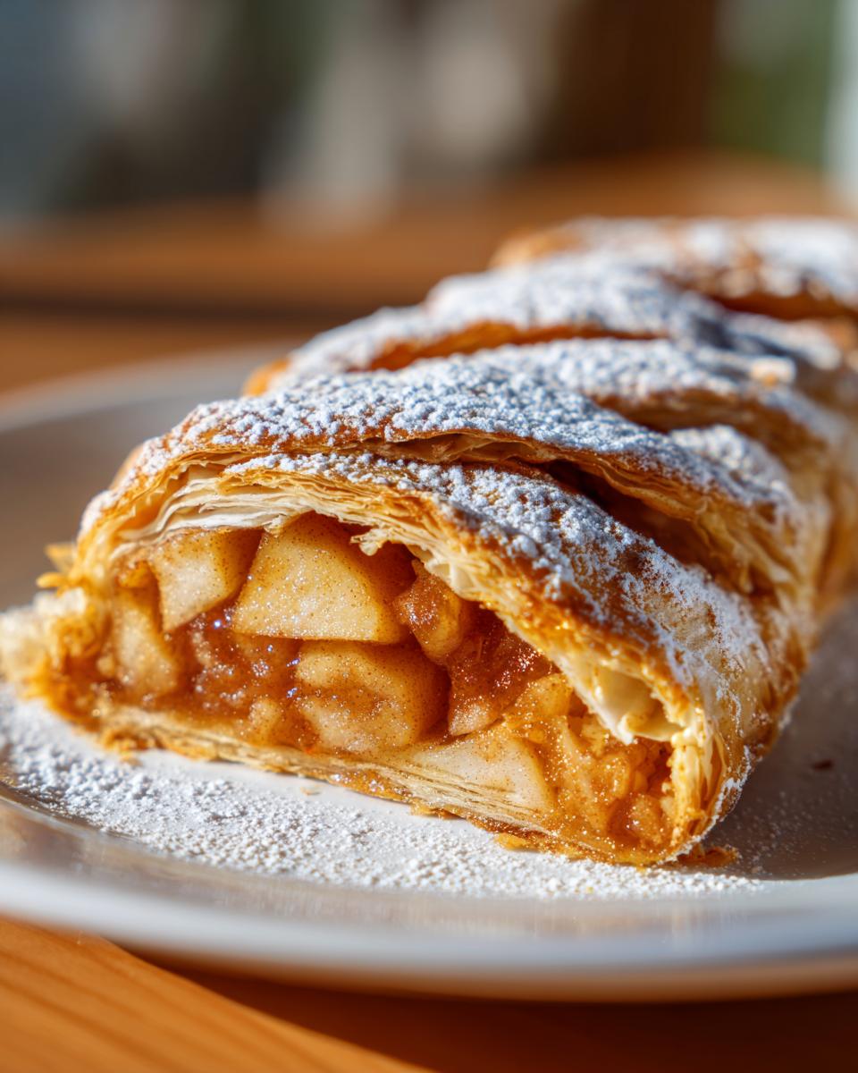 Close-up of a flaky, golden brown apple strudel slice filled with spiced apples and dusted with powdered sugar.