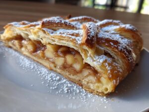 A close-up of a delicious slice of apple strudel showing flaky pastry and cinnamon apple filling, dusted with powdered sugar.