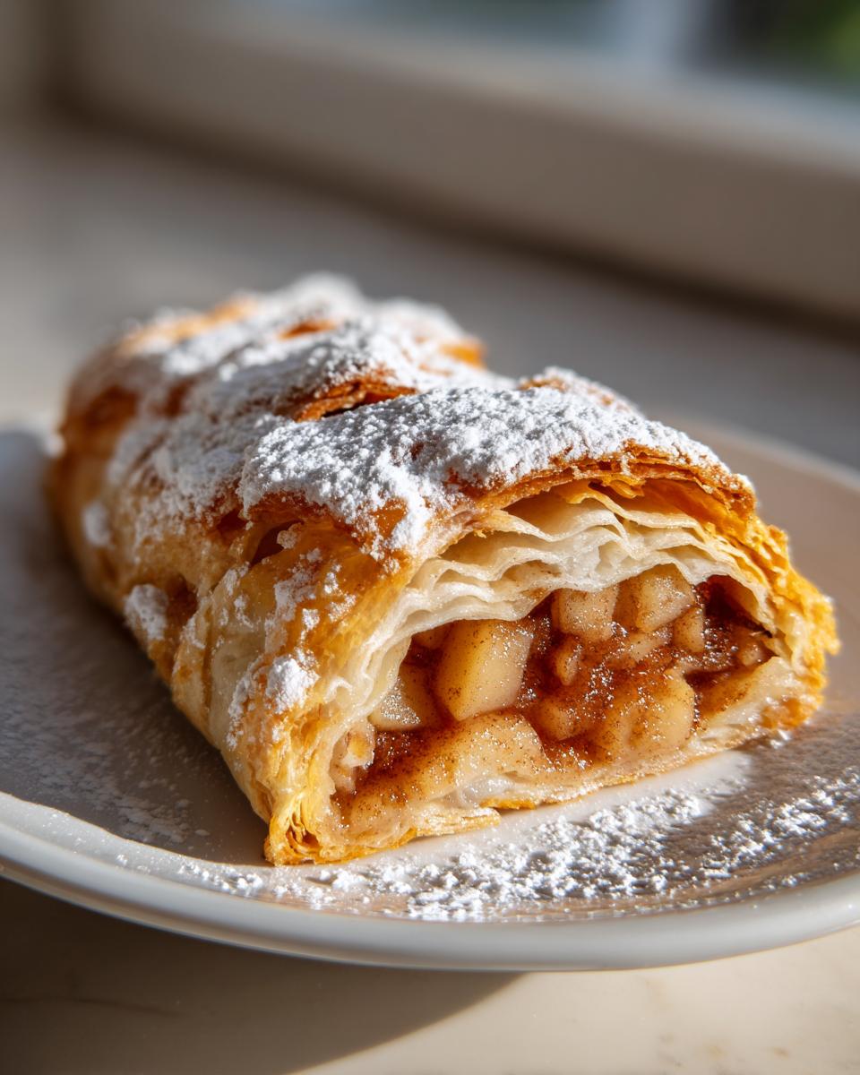 A close-up of a flaky slice of apple strudel generously dusted with powdered sugar, showing the spiced apple filling.