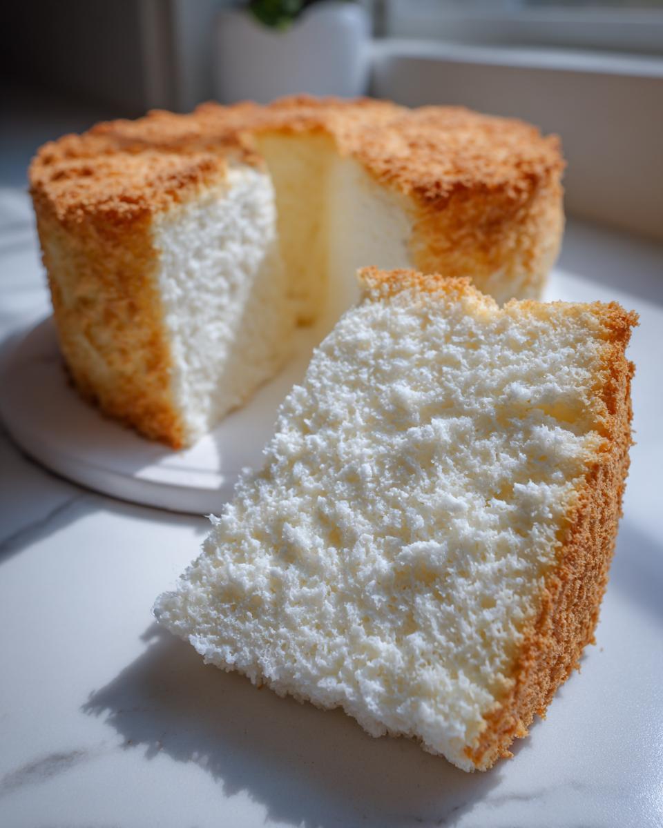 Close-up of a slice of incredibly light and fluffy angel food cake showing its airy texture and golden crust.