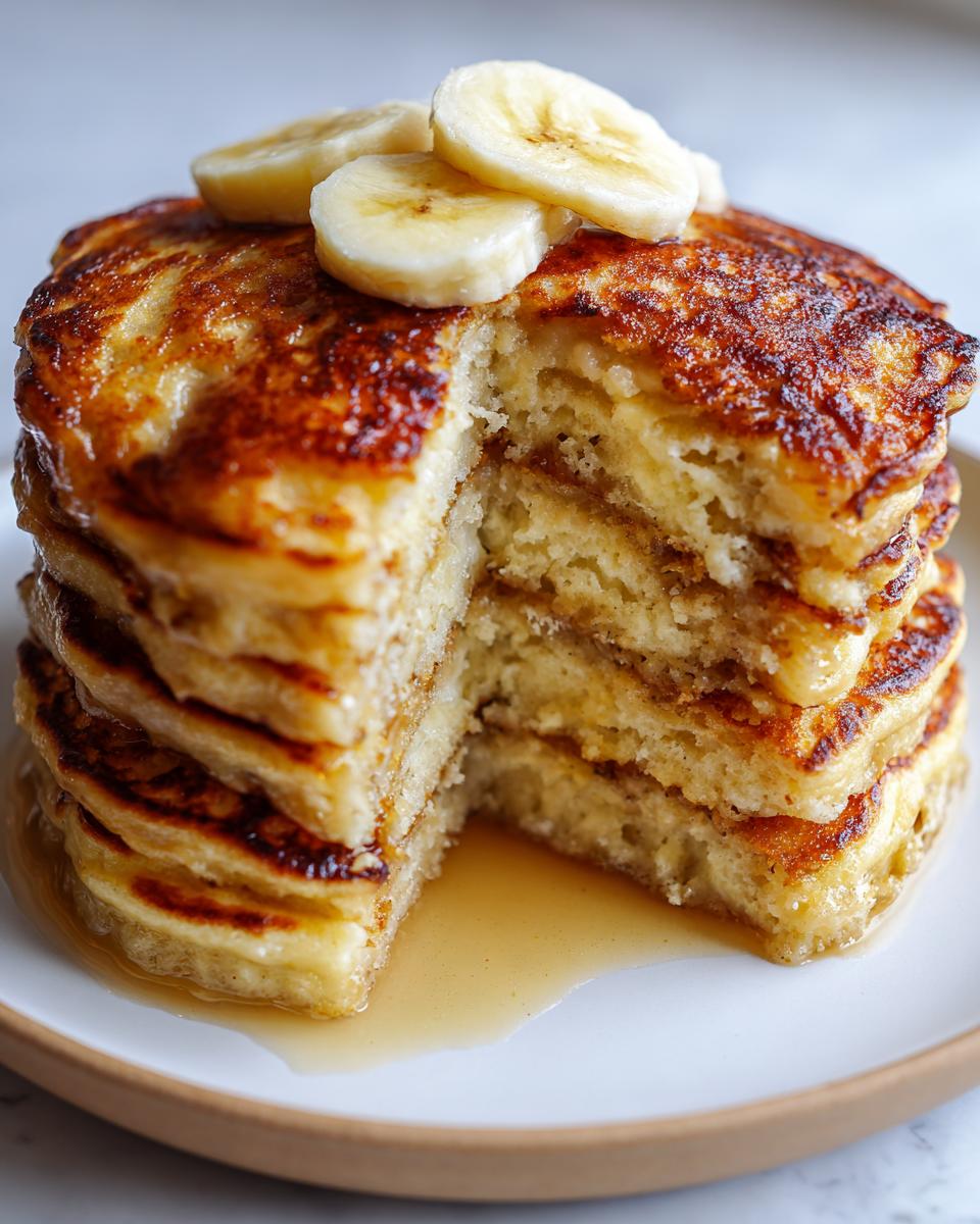 Close-up of a tall stack of fluffy banana pancakes with a slice cut out, topped with banana slices and drizzled with syrup.
