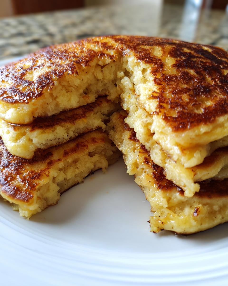 Close-up of a fluffy stack of golden-brown banana pancakes with a section removed to show the soft interior texture.