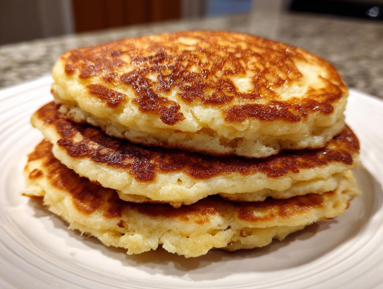 Close-up of a stack of three fluffy banana pancakes with golden-brown, slightly crispy edges.