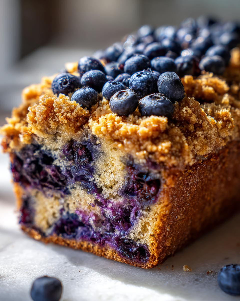 A close-up, cross-section view of fluffy blueberry banana bread topped with a crumbly streusel and fresh blueberries.