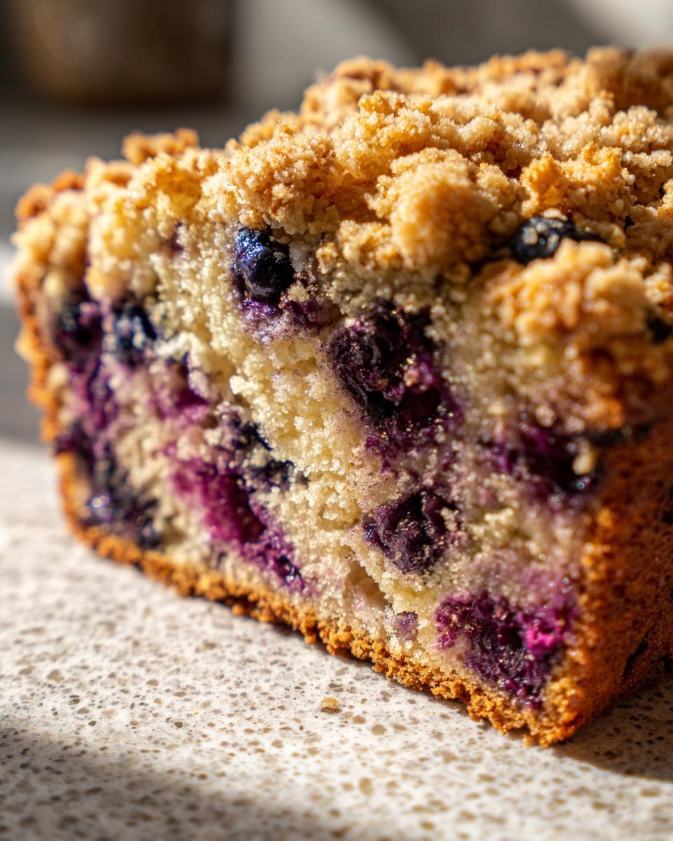 A close-up cross-section of fluffy blueberry banana bread showing moist cake, plump blueberries, and a crumb topping.
