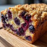 Close-up of a moist slice of blueberry banana bread featuring plump blueberries and a crunchy streusel topping.