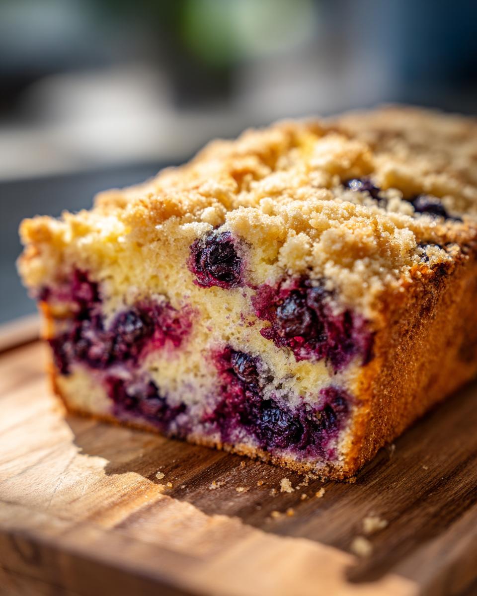 A close-up, cross-section view of a slice of fluffy blueberry banana bread with a crumb topping.