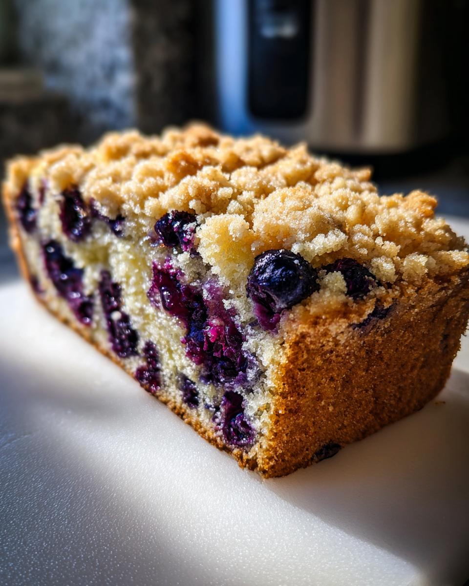 Close-up of a slice of fluffy blueberry banana bread topped with a golden streusel crumb topping.