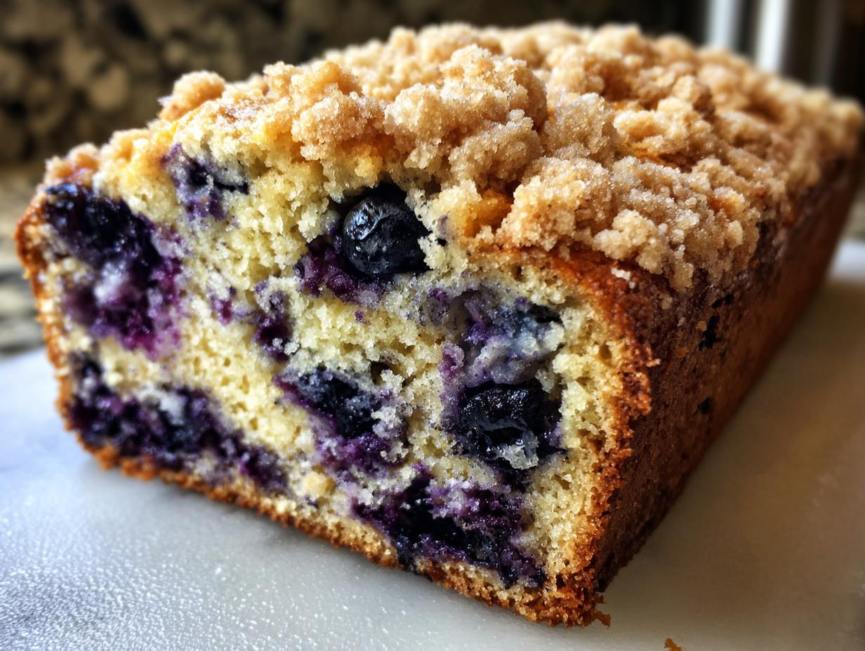 Close-up of a slice of fluffy blueberry banana bread featuring a crumbly streusel topping and moist interior packed with blueberries.