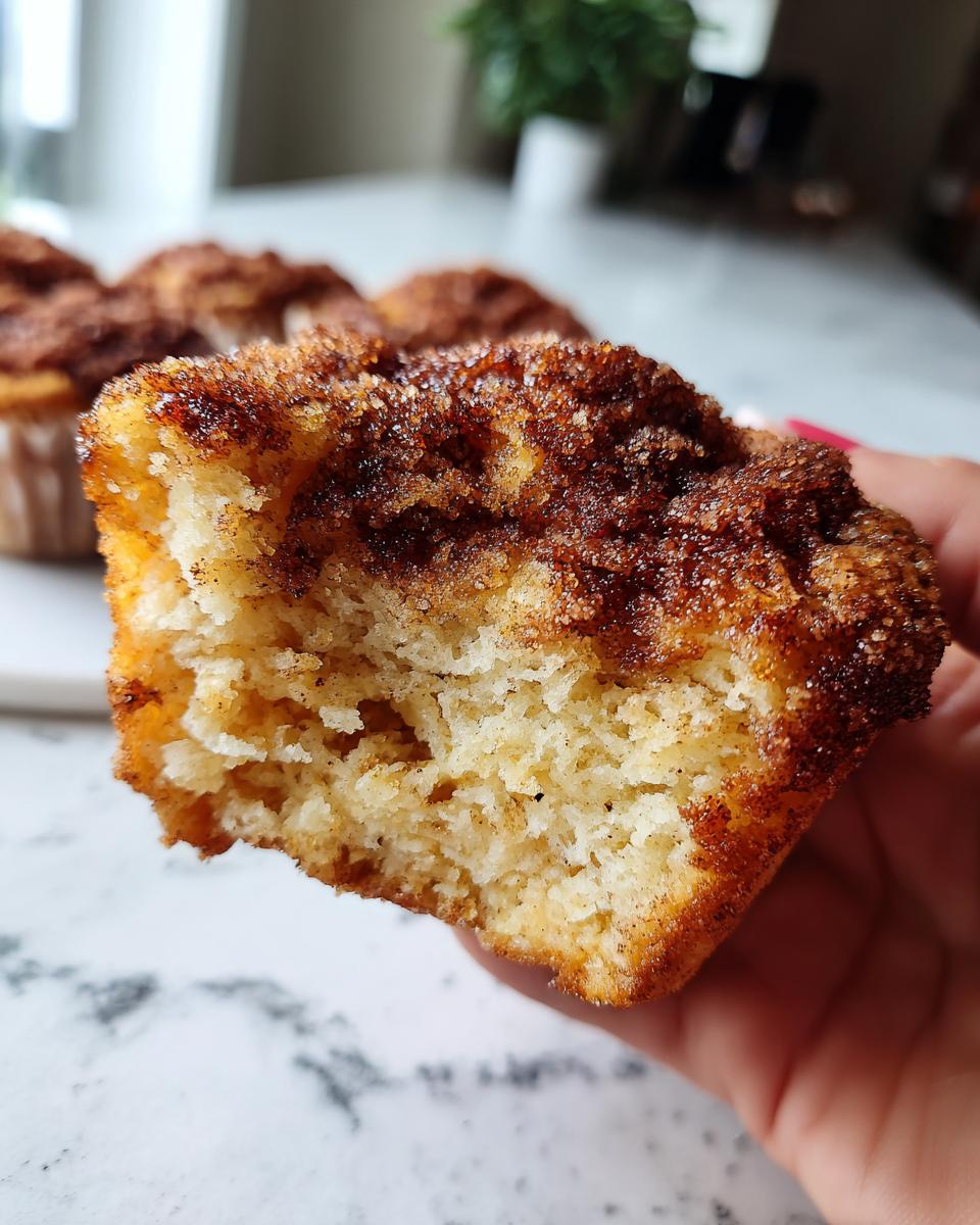 Close-up of a fluffy cinnamon sugar french toast muffins interior being held by a hand.