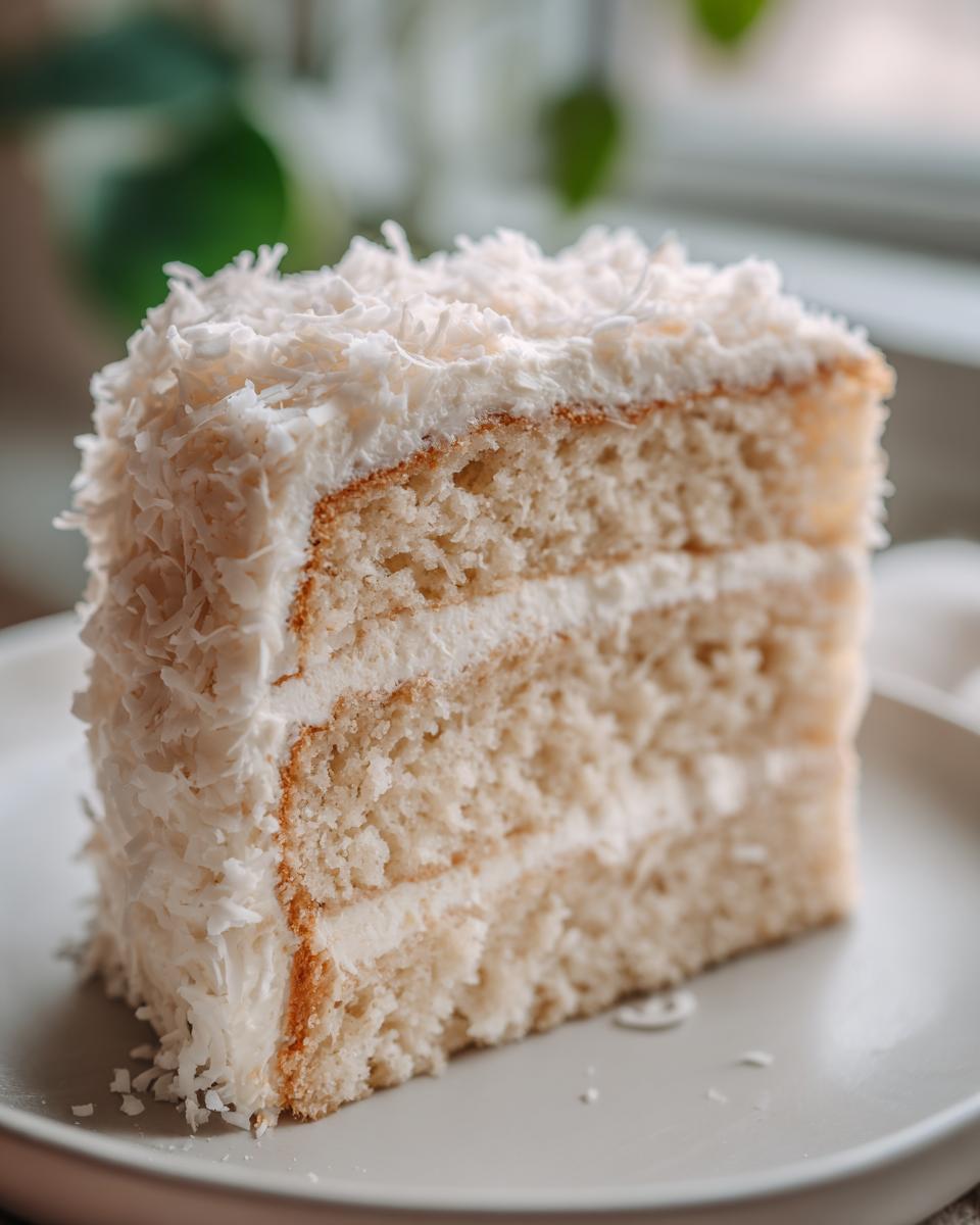 Close-up of a moist, fluffy slice of layered coconut cake covered in white frosting and shredded coconut.