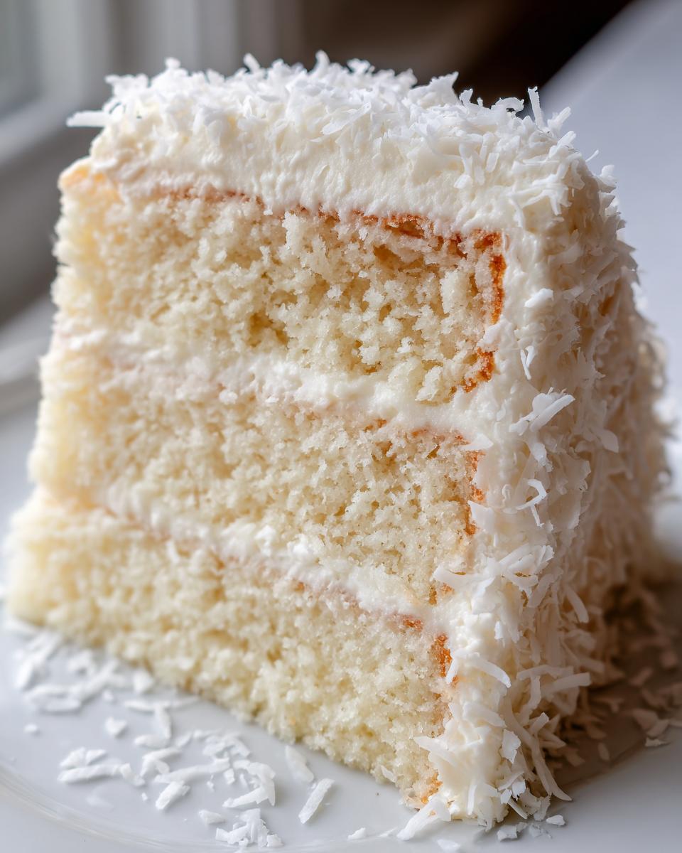 Close-up of a moist, layered slice of coconut cake covered in white frosting and shredded coconut.