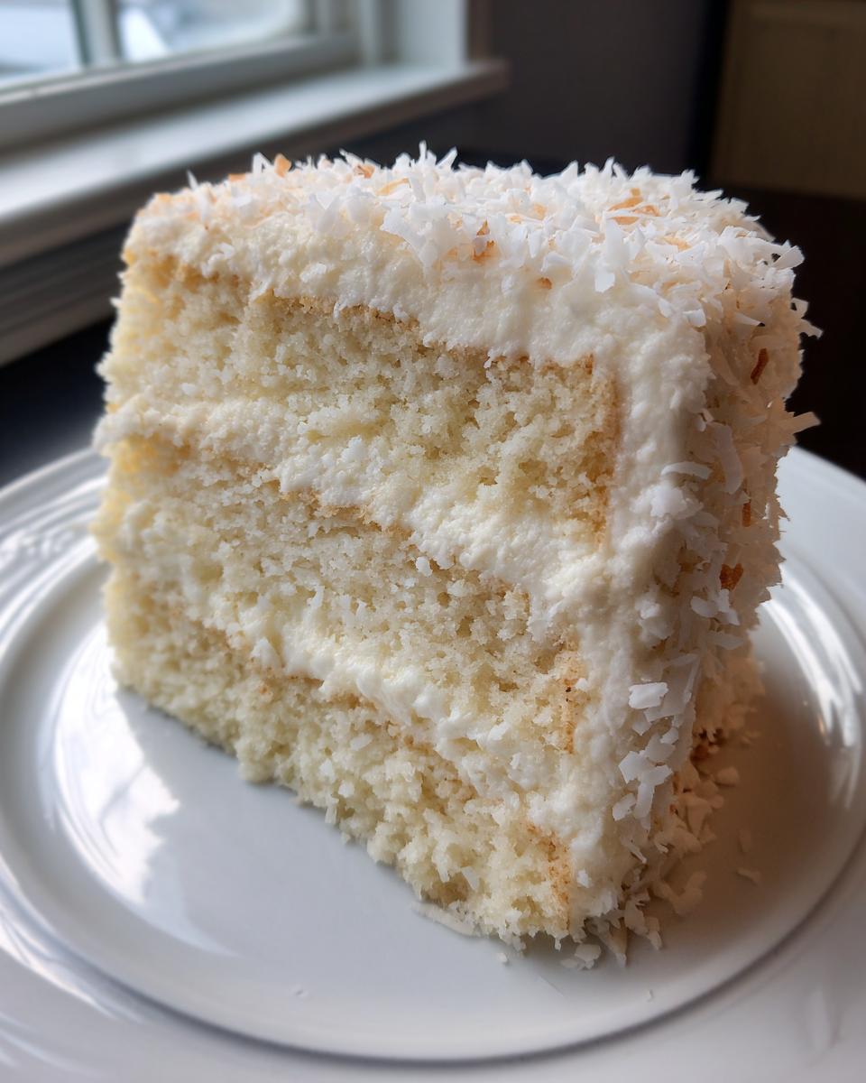 Close-up of a moist slice of fluffy coconut cake layered with white frosting and topped with toasted coconut flakes.