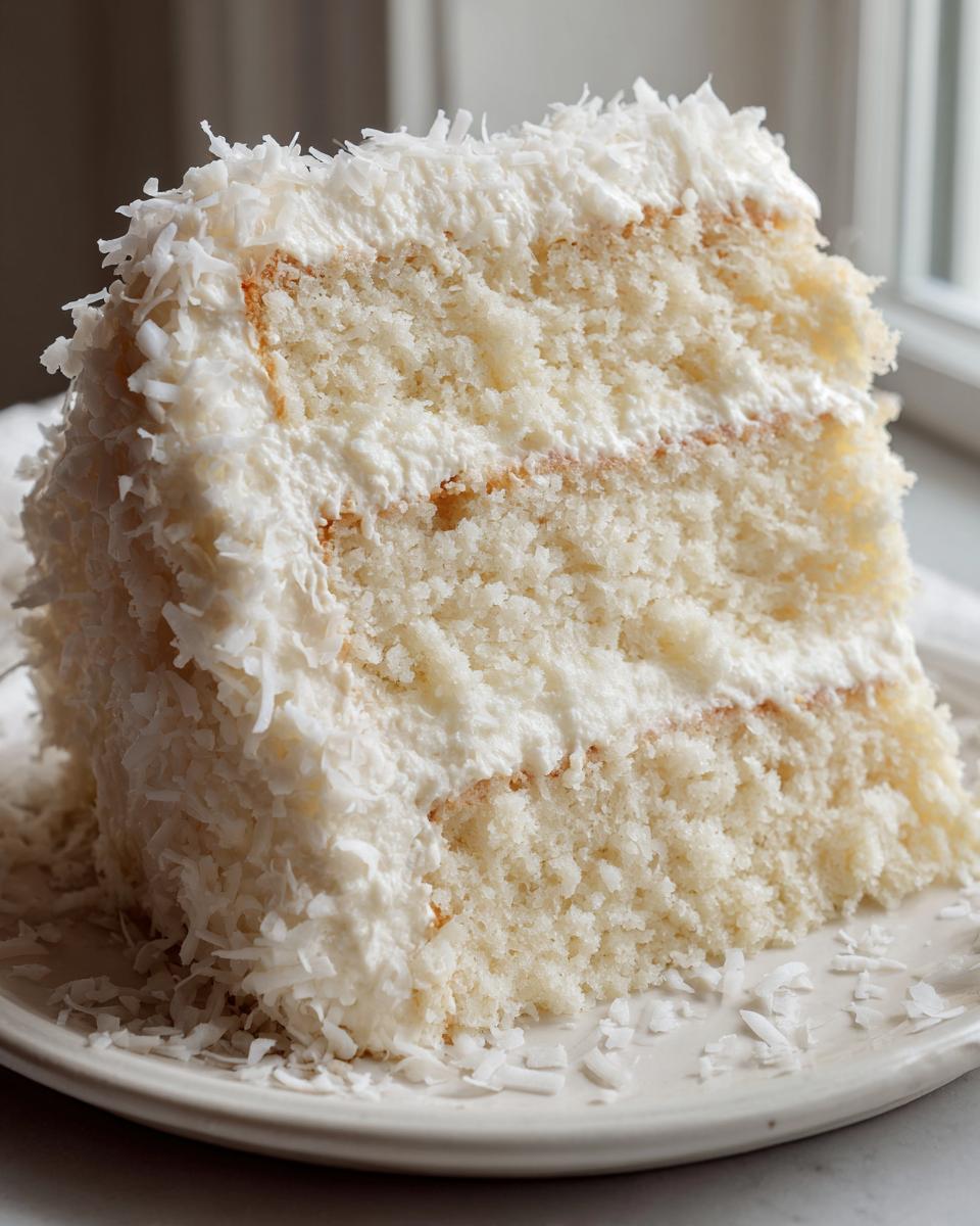 Close-up of a moist slice of fluffy white coconut cake layered with frosting and covered in shredded coconut.